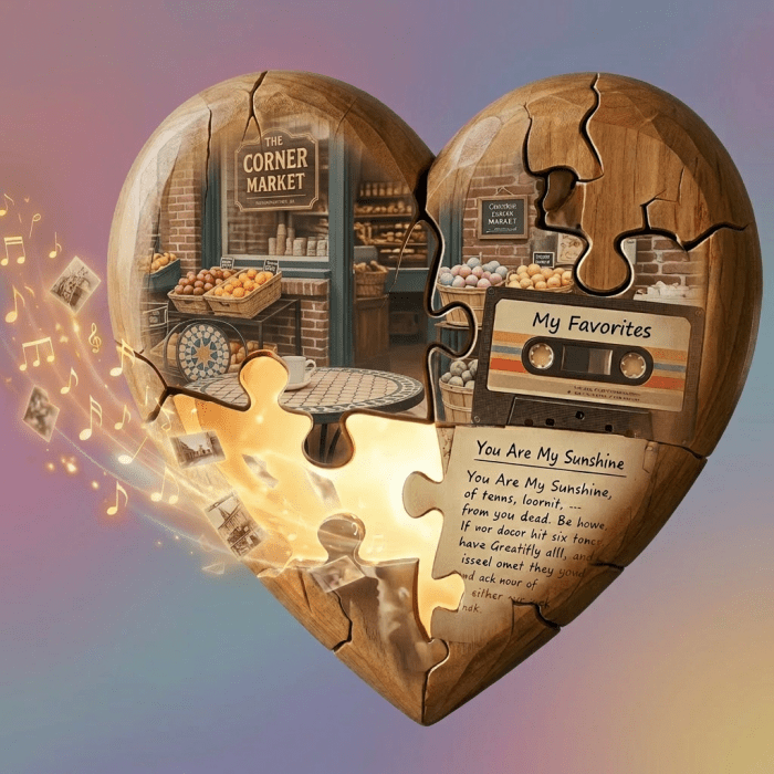 Woman holding heart-shaped puzzle with family photos and music notes, tears in eyes