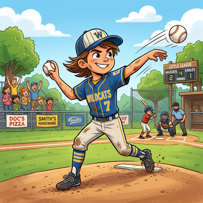 Young baseball player pitching ball during little league game with spectators and scoreboard