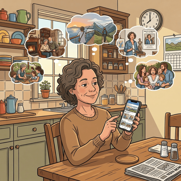 Woman sleeping peacefully with images of family, nature, art, and travel around her head