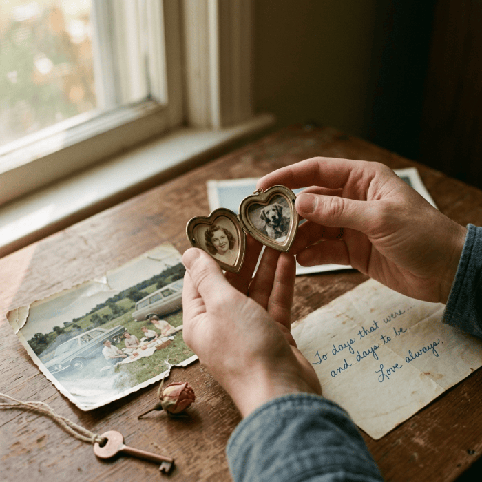 Hands holding a heart-shaped locket with a woman and dog portraits; note reads, “To days that were and days to be. Love always.”
